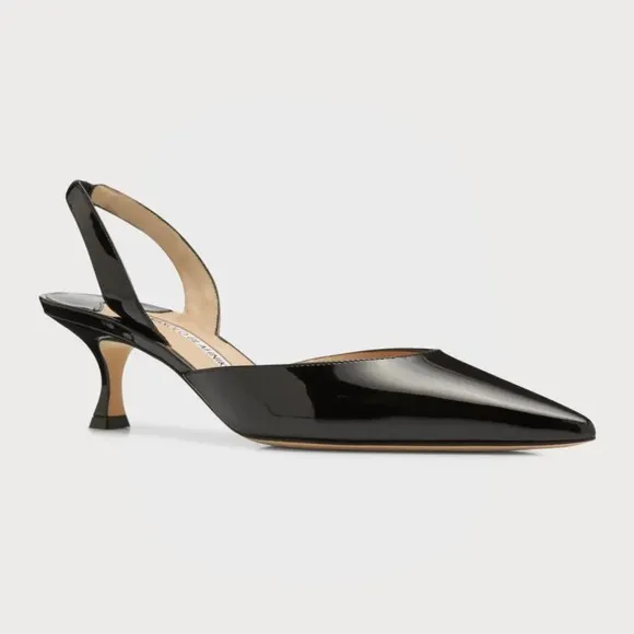 Manolo Blahnik Carolyne Low-Heel Black Patent Leather Slingback Kitten Heel
