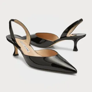 Manolo Blahnik Carolyne Low-Heel Black Patent Leather Slingback Kitten Heel