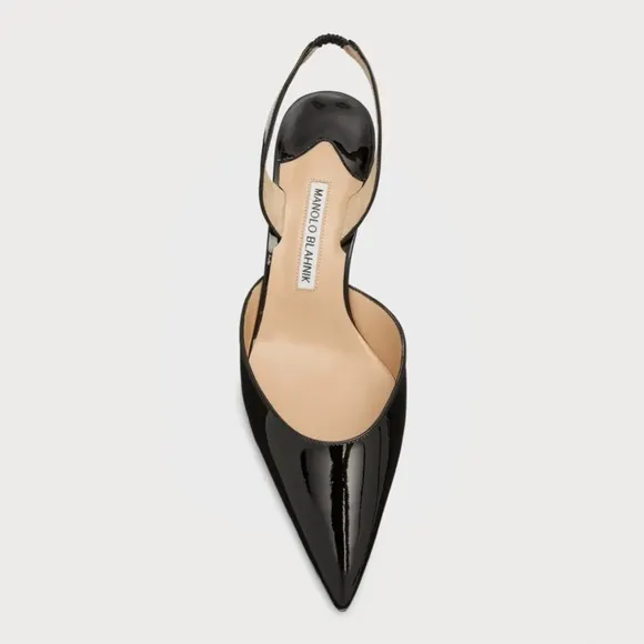 Manolo Blahnik Carolyne Low-Heel Black Patent Leather Slingback Kitten Heel