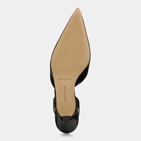 Manolo Blahnik Carolyne Low-Heel Black Patent Leather Slingback Kitten Heel