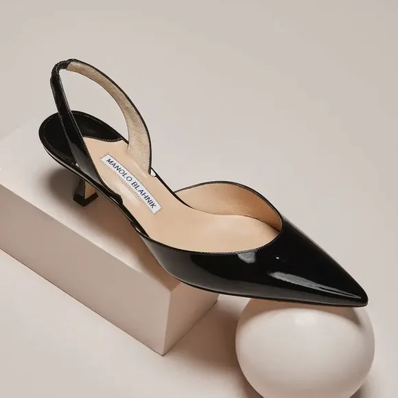 Manolo Blahnik Carolyne Low-Heel Black Patent Leather Slingback Kitten Heel