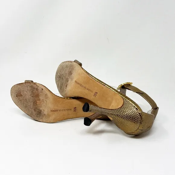 Manolo Blahnik Genuine Metallic Leather Crystal Buckle High Heels Sandal Shoes
