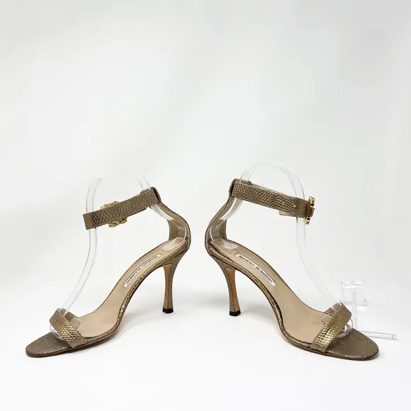 Manolo Blahnik Genuine Metallic Leather Crystal Buckle High Heels Sandal Shoes