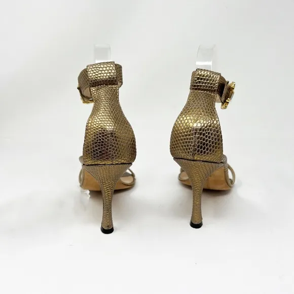 Manolo Blahnik Genuine Metallic Leather Crystal Buckle High Heels Sandal Shoes