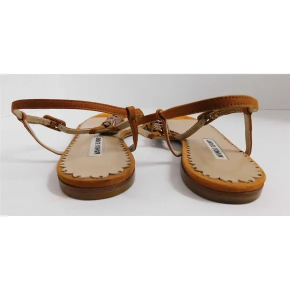 Manolo Blahnik Italy Copper Rust Chain Burnt Orange Leather Flat Sandals 39