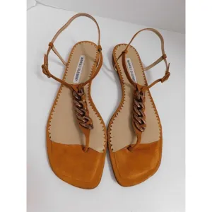Manolo Blahnik Italy Copper Rust Chain Burnt Orange Leather Flat Sandals 39