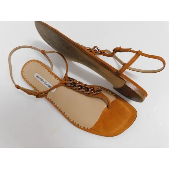 Manolo Blahnik Italy Copper Rust Chain Burnt Orange Leather Flat Sandals 39