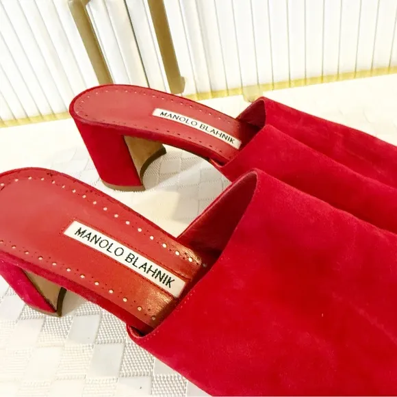 Manolo Blahnik Rapallato Suede Open Toe Slide Block Heel Sandals In Red size 39