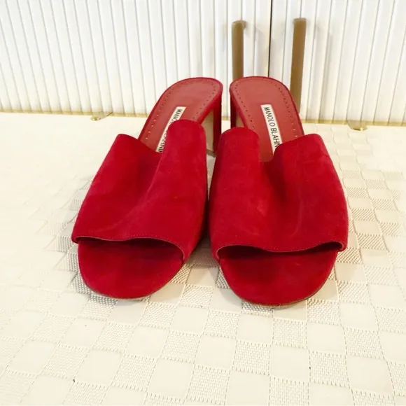 Manolo Blahnik Rapallato Suede Open Toe Slide Block Heel Sandals In Red size 39