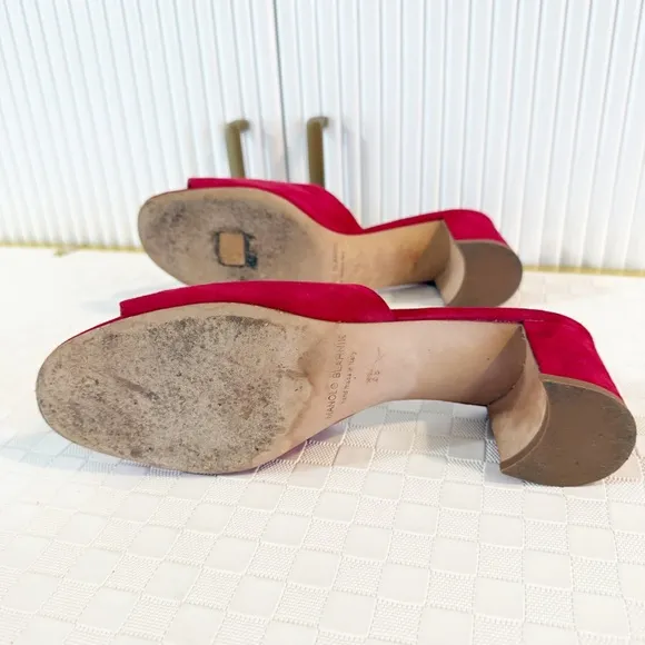 Manolo Blahnik Rapallato Suede Open Toe Slide Block Heel Sandals In Red size 39