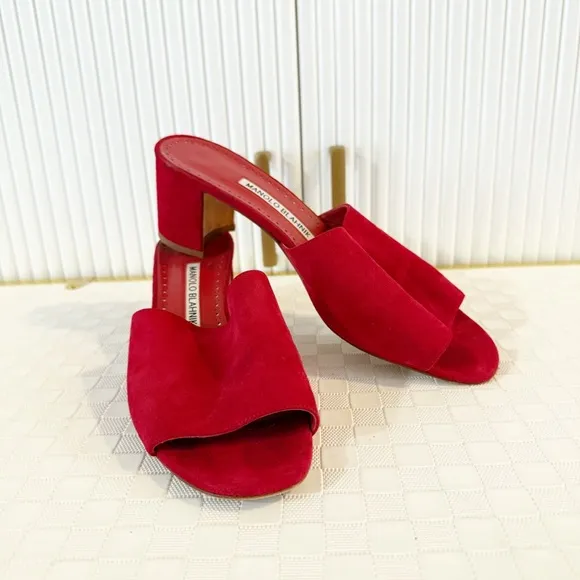 Manolo Blahnik Rapallato Suede Open Toe Slide Block Heel Sandals In Red size 39