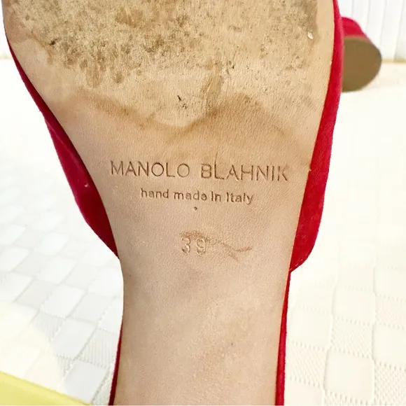Manolo Blahnik Rapallato Suede Open Toe Slide Block Heel Sandals In Red size 39