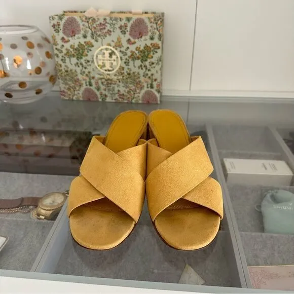 Mansur Gavriel Yellow Sun Suede Crisscross Crossover Block Heel Sandals Size 39