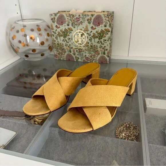 Mansur Gavriel Yellow Sun Suede Crisscross Crossover Block Heel Sandals Size 39