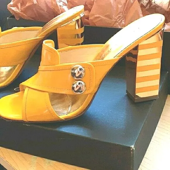 Marc by Marc Jacobs Art Deco Stripe Heels Sz 6.5 Yellow Gold Slipons Rare VNTG