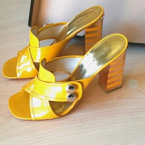 Marc by Marc Jacobs Art Deco Stripe Heels Sz 6.5 Yellow Gold Slipons Rare VNTG