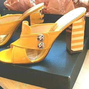 Marc by Marc Jacobs Art Deco Stripe Heels Sz 6.5 Yellow Gold Slipons Rare VNTG