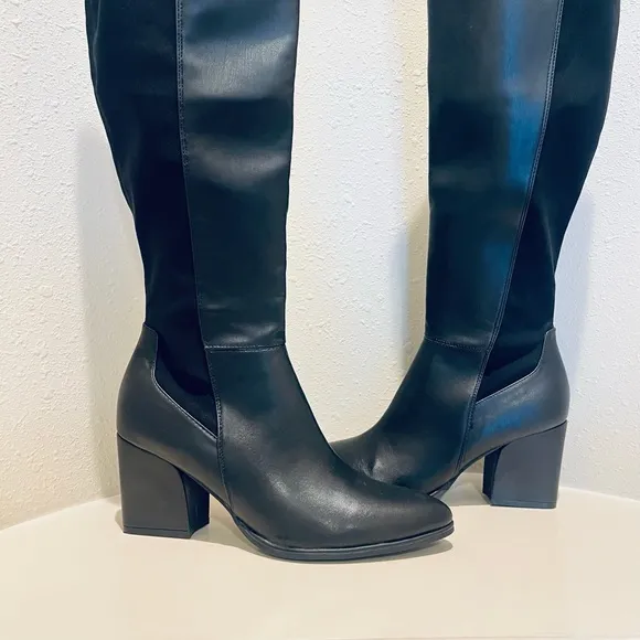 Marc Fisher Black Over the Knee Block Heel Vegan Boots Size 9 NWT