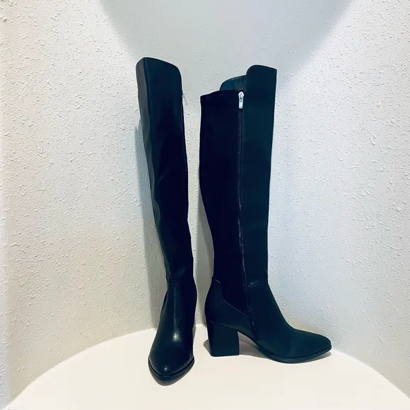 Marc Fisher Black Over the Knee Block Heel Vegan Boots Size 9 NWT