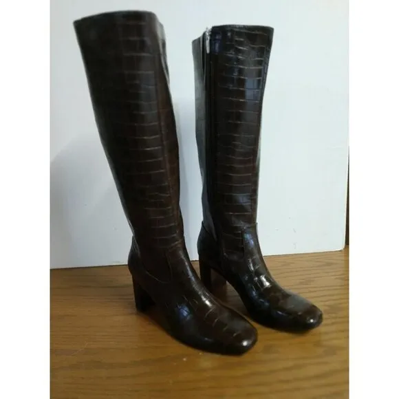Marc Fisher Dark Brown Crocodile Embossed Knee-High Leather Boots 7M With Zipper