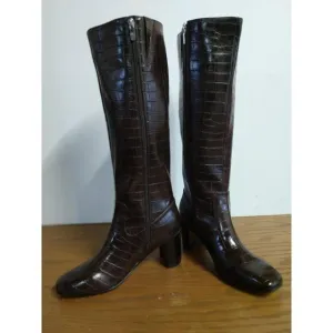Marc Fisher Dark Brown Crocodile Embossed Knee-High Leather Boots 7M With Zipper