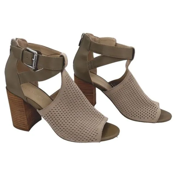 Marc Fisher Gabie Taupe Suede Leather Perforated Shootie Block Heel Sandals Sz 9