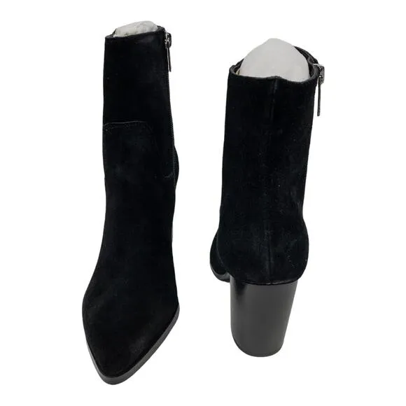 Marc Fisher Giana Black Suede Leather Pointed Toe Block Heel Mid Calf Boots 6.5