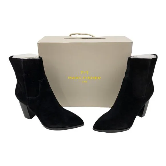 Marc Fisher Giana Black Suede Leather Pointed Toe Block Heel Mid Calf Boots 6.5
