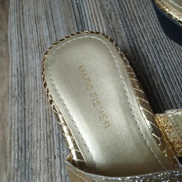 Marc Fisher Gold Sparkly Wedge Block Heel Sandals