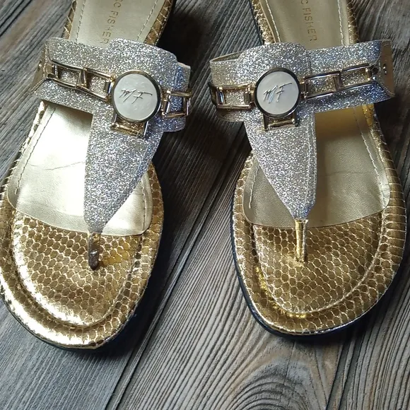 Marc Fisher Gold Sparkly Wedge Block Heel Sandals