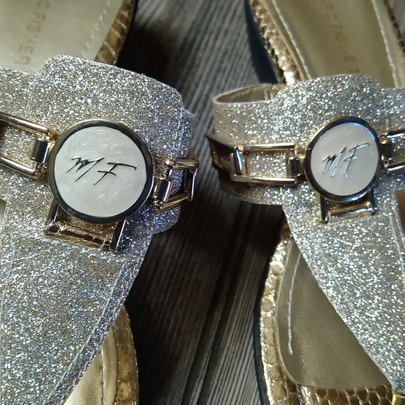 Marc Fisher Gold Sparkly Wedge Block Heel Sandals