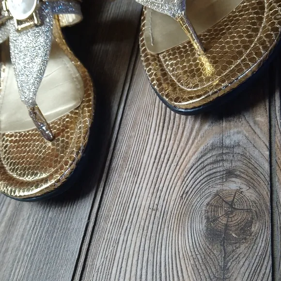 Marc Fisher Gold Sparkly Wedge Block Heel Sandals