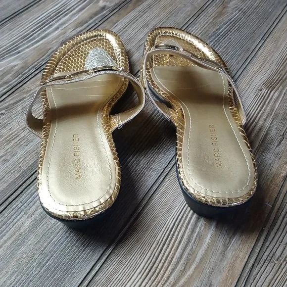 Marc Fisher Gold Sparkly Wedge Block Heel Sandals