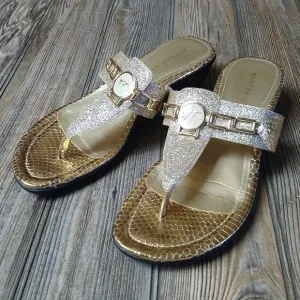 Marc Fisher Gold Sparkly Wedge Block Heel Sandals