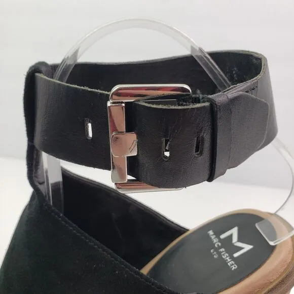 Marc Fisher MLVASHI Womens Size 9 Black Leather 4&quot; Heel Ankle Strap Sandal Shoes