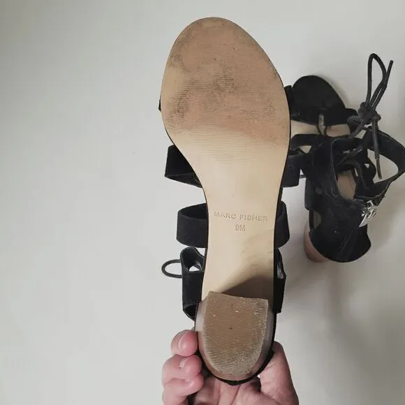 Marc Fisher Paradox Suede Block Heel Lace Up Sandals in Black Size 9
