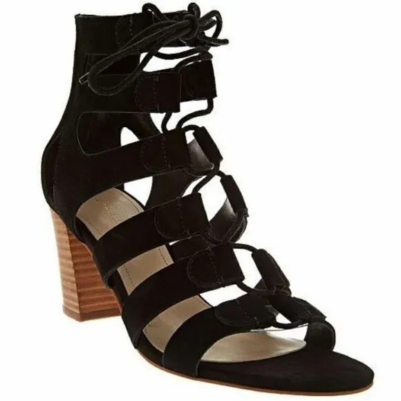Marc Fisher Paradox Suede Block Heel Lace Up Sandals in Black Size 9