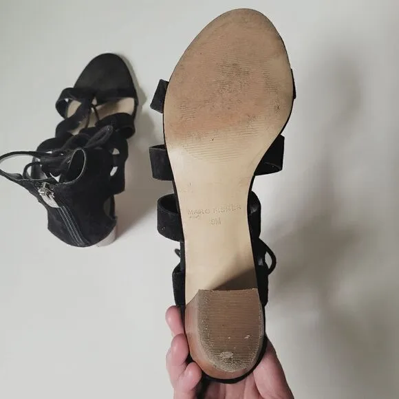 Marc Fisher Paradox Suede Block Heel Lace Up Sandals in Black Size 9
