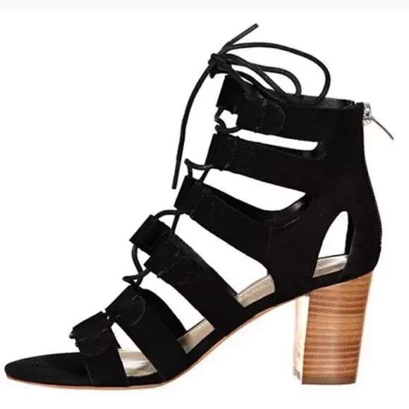 Marc Fisher Paradox Suede Block Heel Lace Up Sandals in Black Size 9