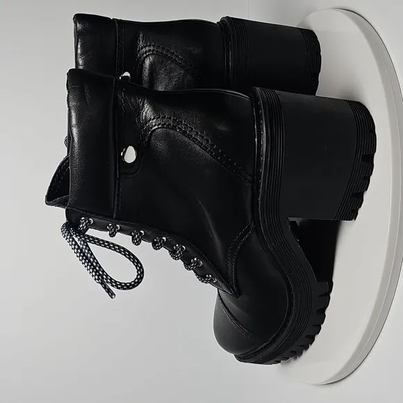Marc Fisher Wenner Ankle Boots Booties Combat Lace-up Lug Sole Leather Black 7.5