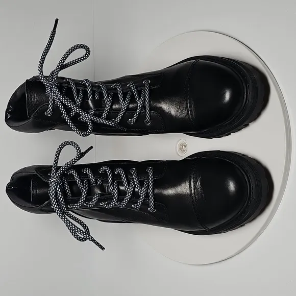 Marc Fisher Wenner Ankle Boots Booties Combat Lace-up Lug Sole Leather Black 7.5