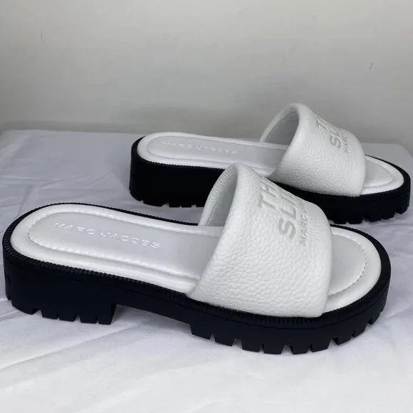 Marc Jacobs Women’s Lug Sole Slide Sandals Bright White Leather Size 7 Low Heel