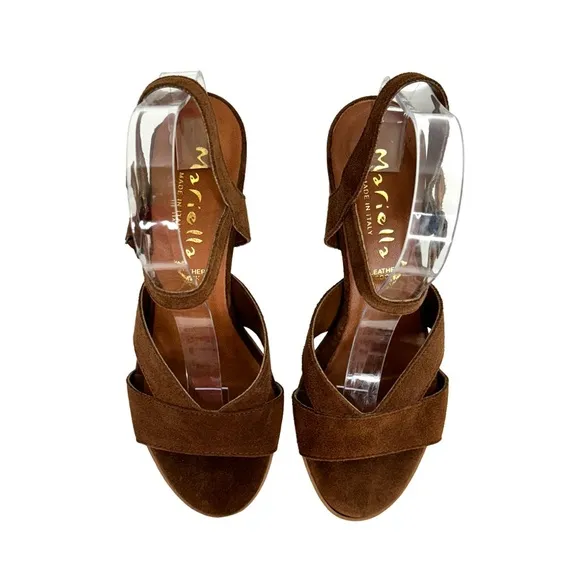 Mariella Brown Italian Suede Leather Block Stacked Heel Adjustable Sandals Sz 8