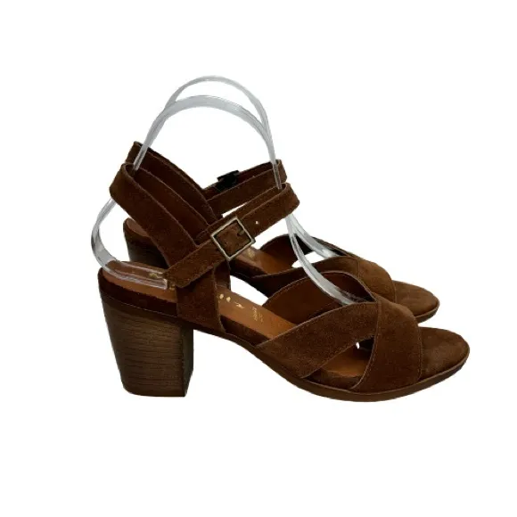Mariella Brown Italian Suede Leather Block Stacked Heel Adjustable Sandals Sz 8