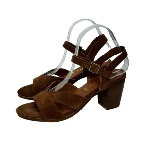 Mariella Brown Italian Suede Leather Block Stacked Heel Adjustable Sandals Sz 8
