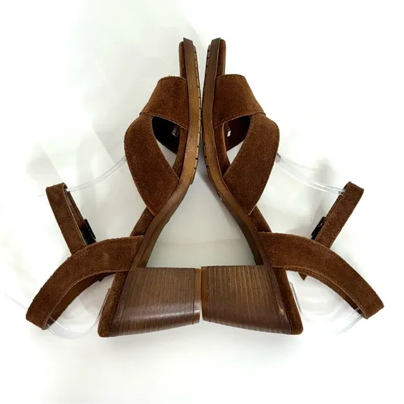 Mariella Brown Italian Suede Leather Block Stacked Heel Adjustable Sandals Sz 8
