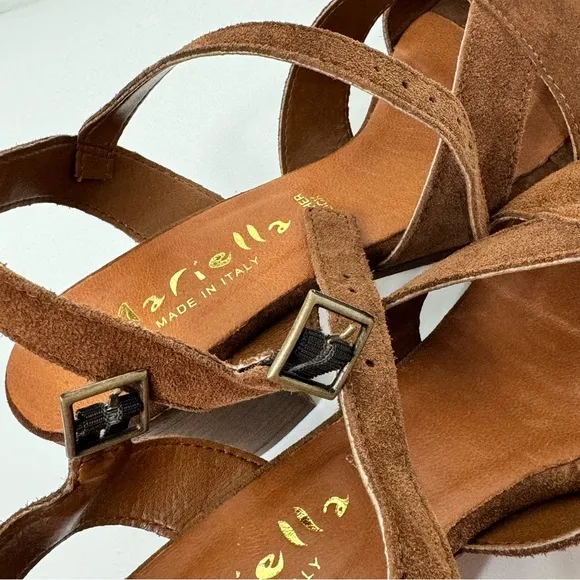 Mariella Brown Italian Suede Leather Block Stacked Heel Adjustable Sandals Sz 8