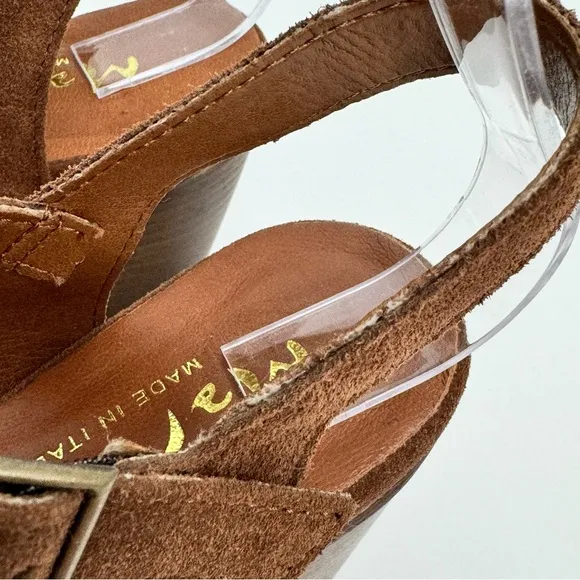 Mariella Brown Italian Suede Leather Block Stacked Heel Adjustable Sandals Sz 8
