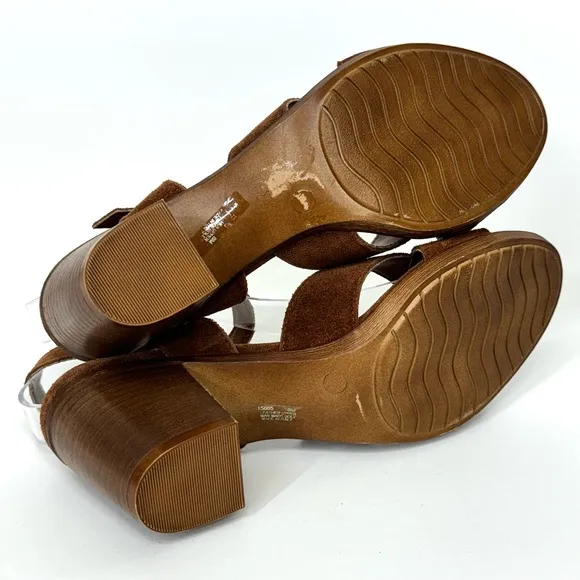 Mariella Brown Italian Suede Leather Block Stacked Heel Adjustable Sandals Sz 8