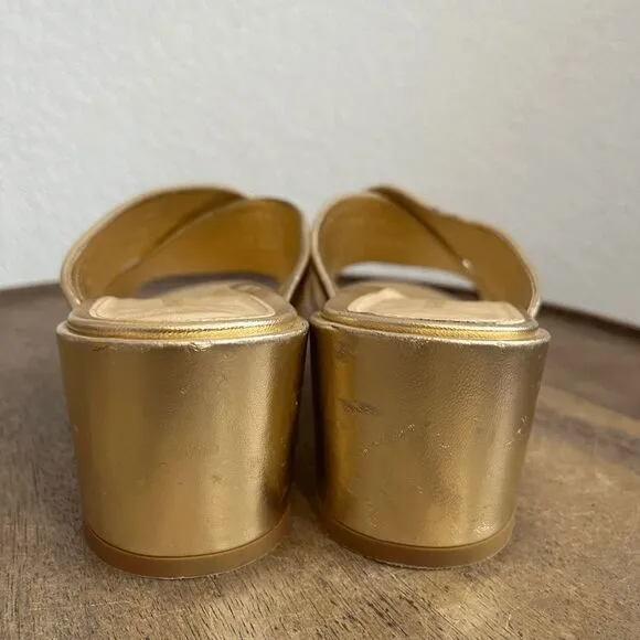 Marion Parke Soft Gold Leather Izzy Criss-Cross Block Heel Sandals Women's 37 US